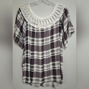 ODDY Plaid Blouse with Crochet Detail Neck Med NWOT